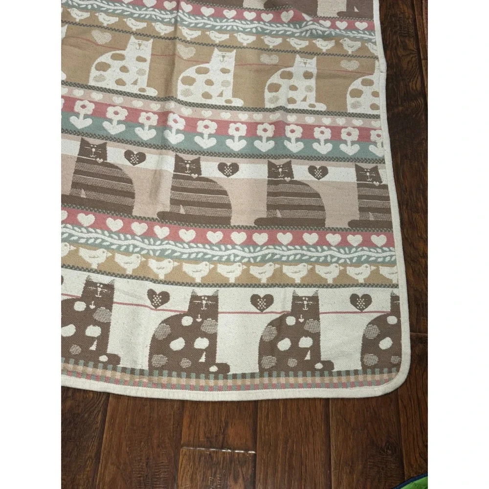 Vintage Cat Afghan Throw Blanket Tan Brown Woven Hearts Birds 53x60